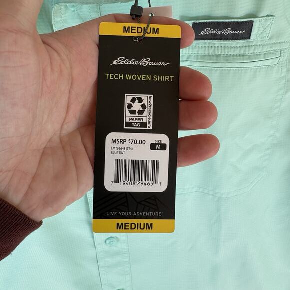 Eddie Bauer Tech Woven Shirt Mens Medium Teal Blue Short Sleeve Fishing Vented - Picture 7 of 16